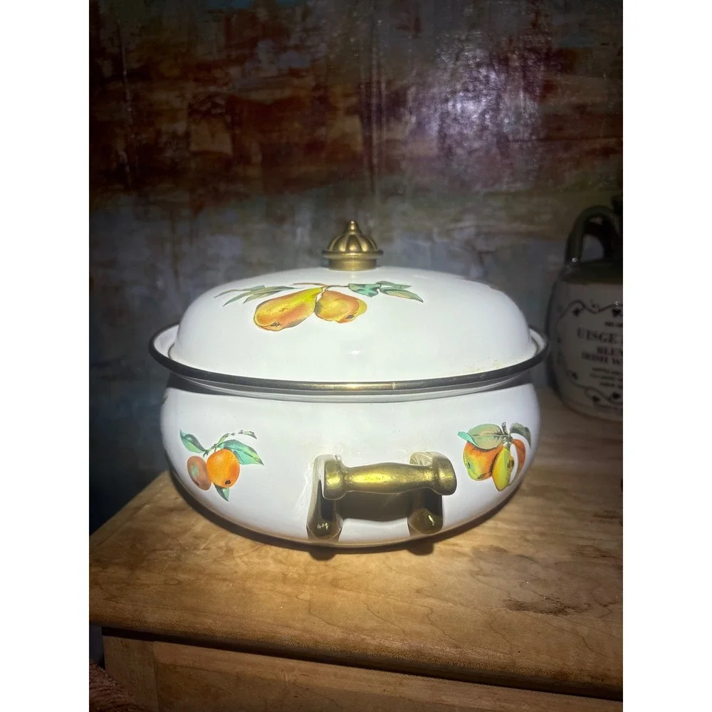 Tabletops Unlimited Fruit Enamelware Dutch Oven Lidded Casserole Pot Brass Handl